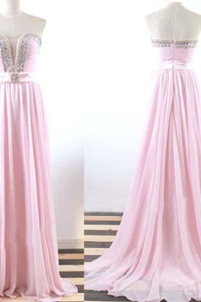 Pink Chiffon Long Prom Dress,Sexy Beaded Senior Prom Gowns , Long Evening Dress, Custom Made Women Party Gowns 