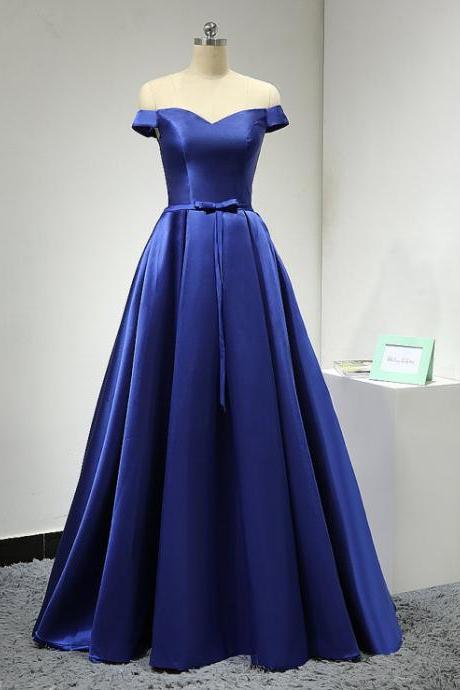 Fashion Royal Blue Satin Long Prom Dress, Off The Shoulder Prom Gowns ,custom Made A Line Prom Dresses, Long Evening Dress