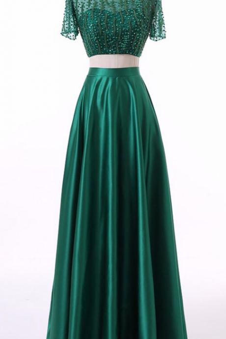 Two Pieces Beaded Prom Dress,long Green Satin Long Prom Dresses, Formal Evening Dress Custom Made