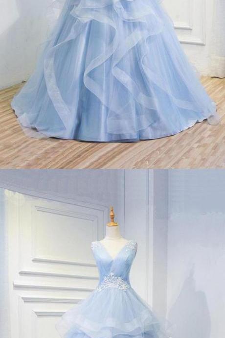 Light Blue Organza Ball Gown Prom Dress,custom Made Prom Party Gowns , Sexy V-neck Quinceanera Dress For 16 Years
