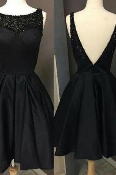 Black Satin Scoop Short Prom Dress Cheap Back Open Women Short Homecoming Party Gowns ,Custom Made Party Dress 