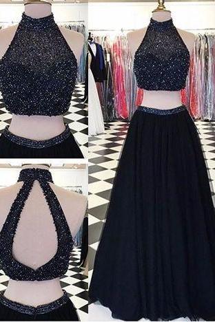 Shiny Black Tulle Two Pieces Prom Dress, Long Beaded Tulle Prom Dress, Formal Evening Dress, Women Party Gowns Long