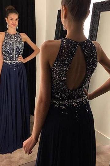 Fashion Sexy Beaded Scoop Neck Navy Blue Chiffon Prom Dress,sexy Back Open Prom Party Gowns ,a Line Formal Evening Dress
