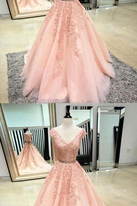 Sexy V-neck Lace Appliqued Long Prom Dress Pink Tulle Women Prom Gowns ,formal Evening Dress A Line .plus Size Party Dresses