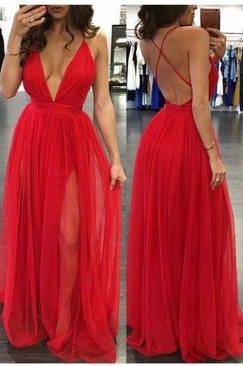 Red Chiffon Pleated Long Prom Dress Floor Length Sexy V-neck Women Party Gowns A Line Women Gowns