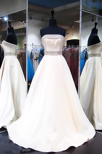 Fashion White Satin A Line Long Prom Dress Custom Made Beaded Prom Gowns Plus Size Women Evening Party Gowns