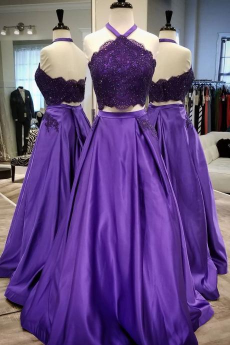 Elegant Two Pieces Purple Lace Prom Dress Off The Shoulder Long Prom Gowns A Line Women Party Gowns , Two Pieces Homecoming Dress