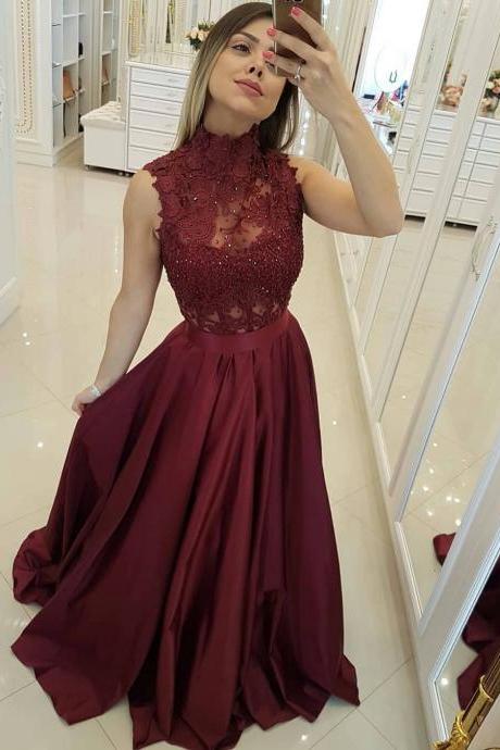 Burgundy Lace Prom Dress, Sexy A Line Prom Party Dresses, Women Party Gowns , Plus Size Formal Evening Dresses