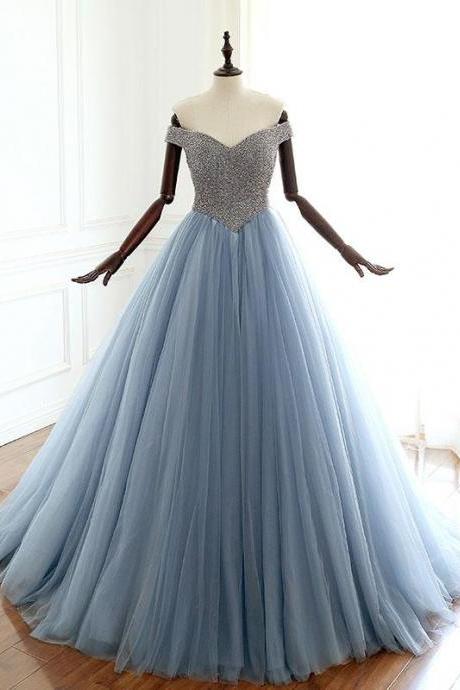 Luxury Beaded Crystal Light Blue Long Prom Dress Custom Made Prom Party Gowns , Formal Evening Dress . Women Dress 