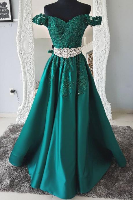 Gorgeous Green Satin Long Prom Dress A Line Beaded Lace Prom Party Gowns , Sexy Women Pageant Evening Dress