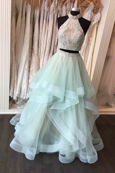 Charming Two Pieces Long Prom Dress, Lace Prom Gowns , A Line Light Green Tulle Prom Dresses,plus Size Women Party Gowns