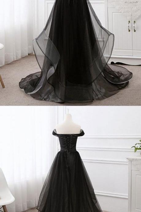 Fashion Women Black Tulle Long Prom Dres, Off The Shoulder Women Gowns ,custom Made Formal Evening Dress
