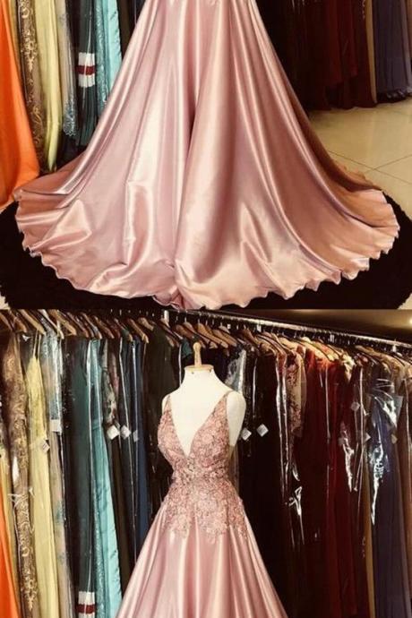 V-neck Satin Prom Dress, Long Prom Dress, Off The Shoulder Evening Dress, Women Party Gowns , Lace Prom Dress