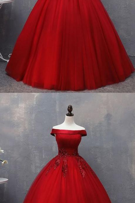 Fashion Off the Shoulder Burgundy Tulle Long Prom Dress Custom Made Formal Evening Party Gowns ,