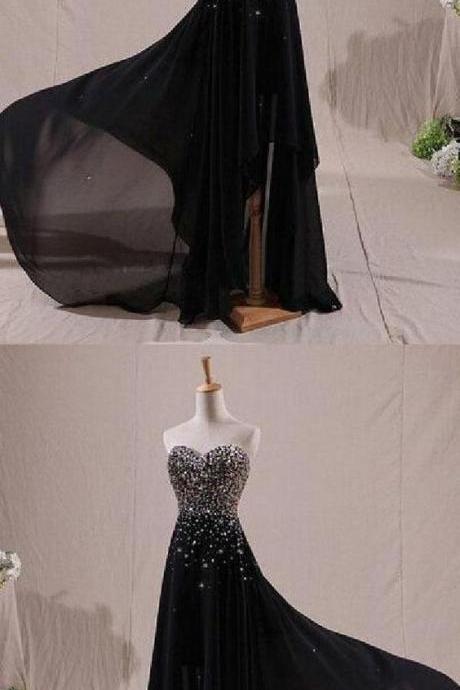 Shiny Black Chiffon Prom Dress, High Low Prom Dresses,custom Made Beaded Prom Party Gowns