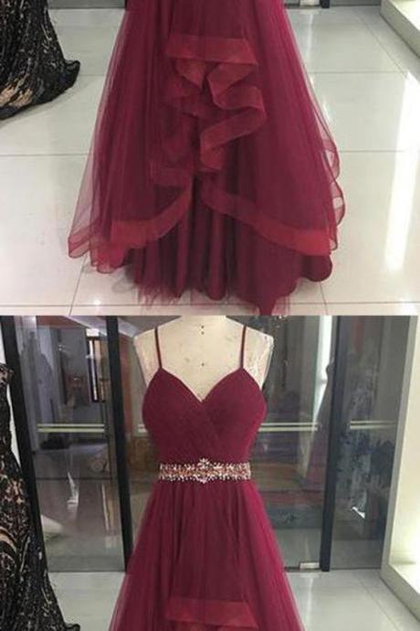 A Line Burgundy Beaded Tulle Long Prom Dress Custom Made Prom Gowns Plus Size Women Evening Party Gowns