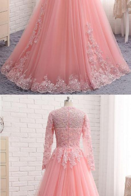 Fashion Pink Lace Formal Prom Dress A Line Appliqued Prom Party Gowns , Muslim Evening Dress Custom Made