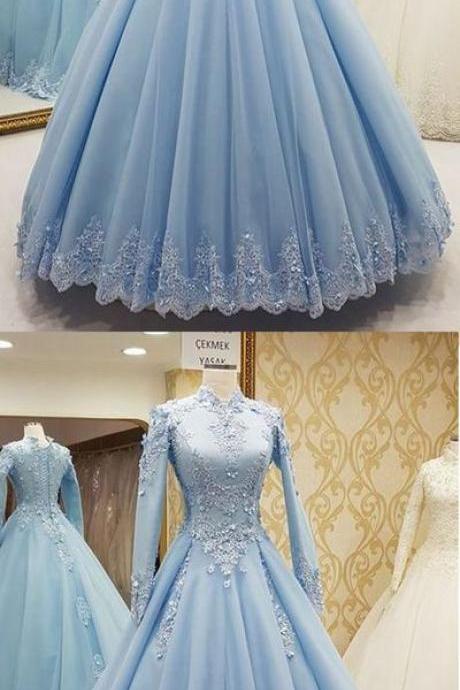 High Neck Tulle Muslim Evening Dress, A Line Women Prom Dress, Long Prom Gowns ,long Sleeve Blue Tulle Prom Gowns
