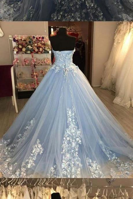 Plus Size Sweet Neck Lace Tulle Long Prom Dress 2019 Blue Tulle Ball Gown Prom Gowns For Weddings , Custom Made Prom Gowns