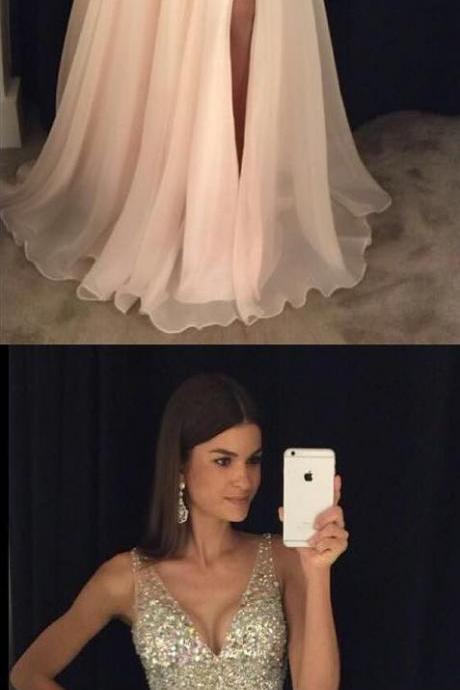 Charming V-neck Crystal Long Prom Dress, Sexy A Line Prom Dress, Custom Made Evening Dress,prom Gowns