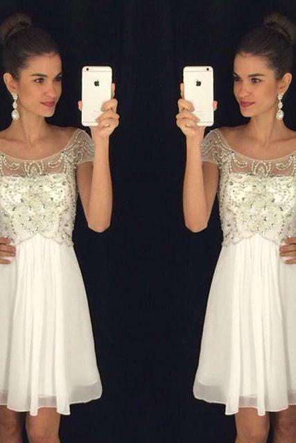 Sexy A Line White Chiffon Short Homecoming Dress Caped Sleeve Beaded Mini Prom Gowns Plus Size Women Prom Gowns 
