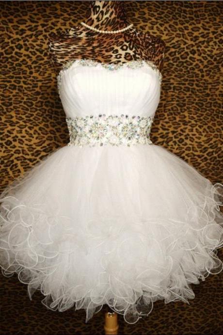 Sexy A Line White Ruffle Beaded Short Homecoming Dress, Sweet 16 Prom Gowns ,white Cocktail Party Gowns Short