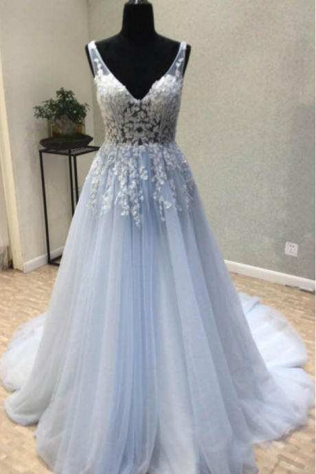 Sexy V-neck Light Blue Lace Long Prom Dress Off Shoulder Tulle Prom Dresses Plus Size Women Dress ,formal Evening Dress