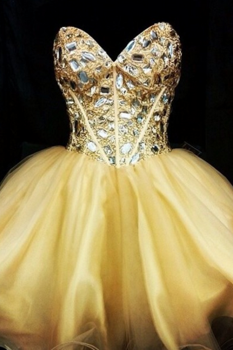 Luxury Gold Crystal Short Homecoming Dress, Sweet 16 Prom Gowns , Short Prom Dress 