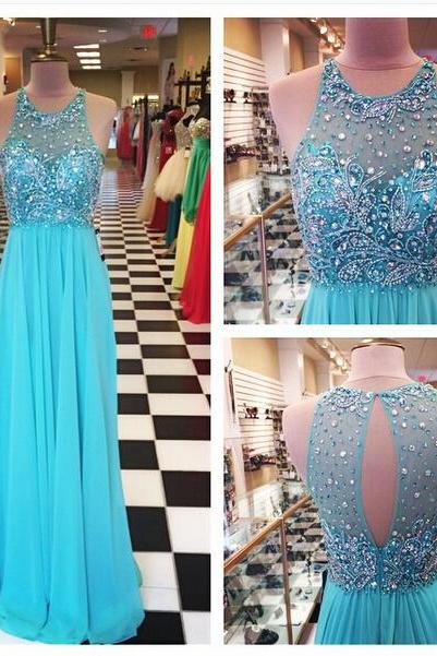 Fashion Turquoise Chiffon A Line Long Prom Dress Custom Made Beaded Crew -neck Formal Evening Party Gowns , Plus Size Women Prom Gowns
