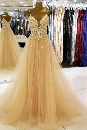 champagne Tulle Long Prom Dress Plus Size A Line Women Prom Gowns ,Custom Made Formal Evening Dress ,Lace Prom Gowns 