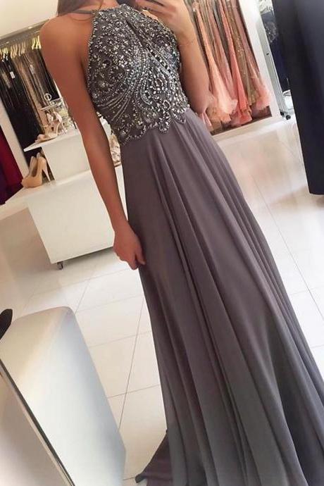 Sparkly Beaded Crystal Gray Chiffon Long Prom Dress With Beading Women Prom Party Gowns, Women Evening Dress ,