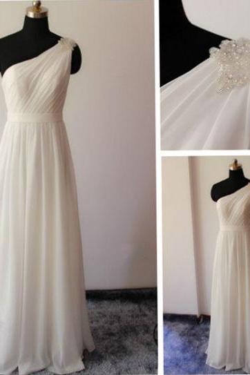 One Shoulder Ivory Chiffon Ruched Long Prom Dress Floor Length Women Prom Gowns , Long Evening Party Gowns