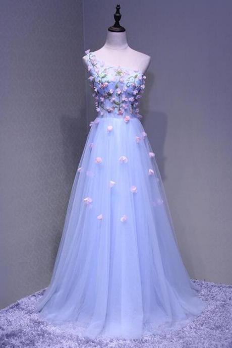 A Line Light Blue Long Prom Dress Custom Made Prom Party Gowns With Hand Made Flower 2019 ,sexy Formal Evening Dress