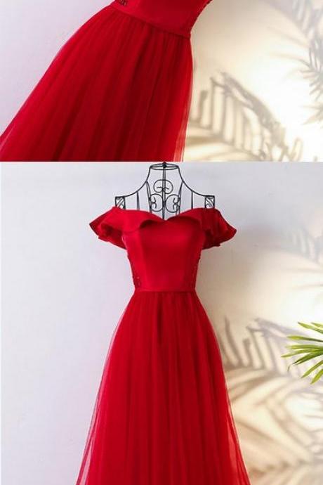 A Line Red Tulle Long Prom Dress Off Shoulder Women Party Gowns Custom Made Evening Party Dress 