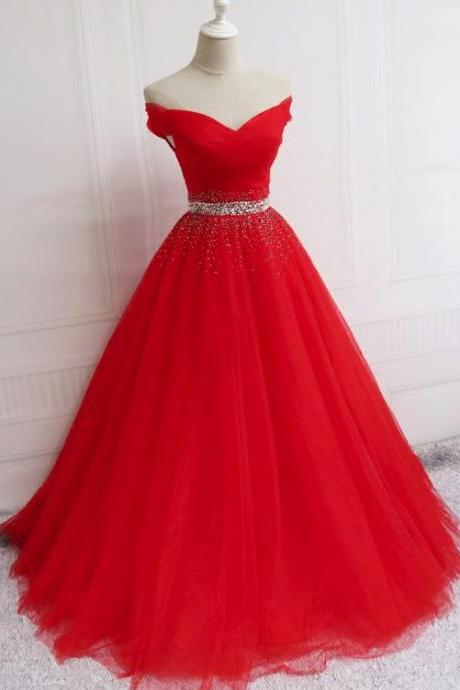 Charming Beaded Red Tulle Long Prom Dress, Plus Size Sweet 16 Prom Gowns ,custom Made Formal Evening Party Gowns