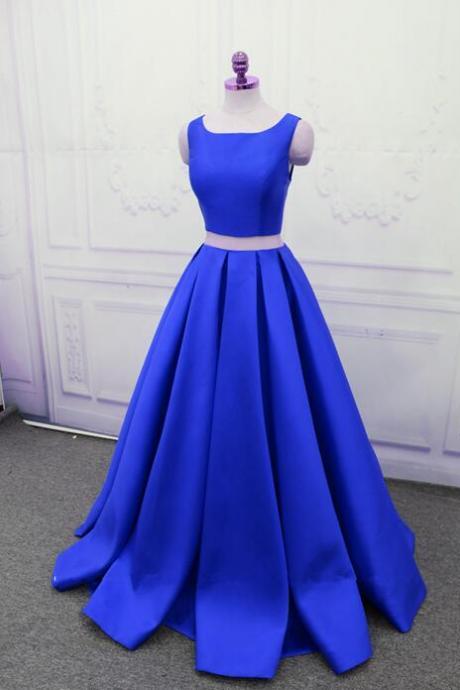 Two Pieces Royal Blue Satin Long Prom Dress, Elegant Long Prom Gowns , Simple 2 Pieces Wedding Party Gowns 
