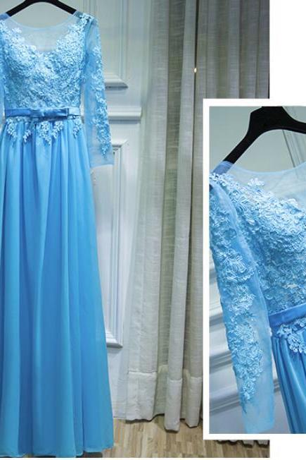 Fashion Turquoise Chiffon Lace Long Prom Dress With Long Sleeve Women Party Gowns 2019 A Line Evening Dress
