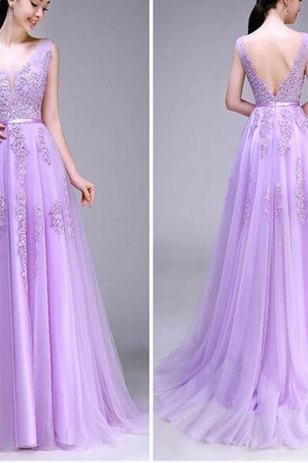Sexy Lavender Tulle Prom Dress, Lace Prom Dresses, Sexy Backless Women Party Dress, Formal Evening Dresses
