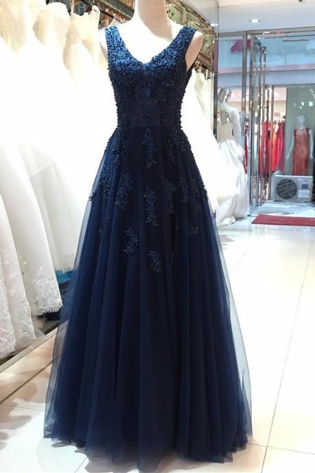 Sexy Navy Blue Beaded Tulle Long Prom Dress A Line Women Prom Gowns Floor Length Women Party Gowns 2019 
