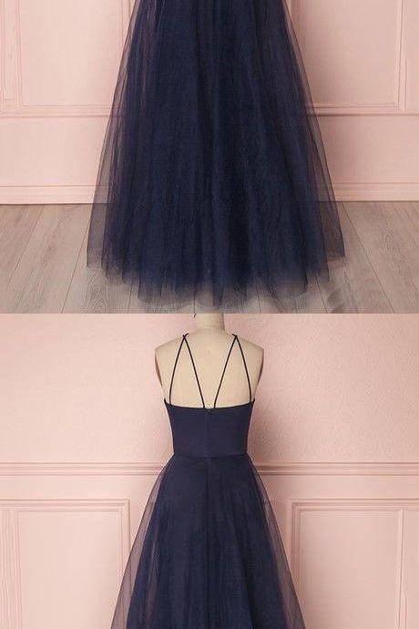 Sexy A Line Spaghetti Strap Navy Blue Long Prom Dress Custom Made Prom Gowns ,Wedding Party Gowns 