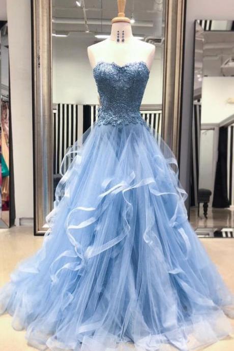 Elegant Blue Sweet Lace Prom Dress 2019 Custom Made Appliqued Formal Evening Dress