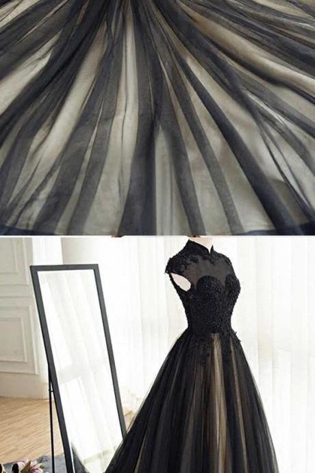 Fashion High Neck Black Tulle Lace Prom Dress A Line Prom Party Gowns Custom Made Evening Dress For Weddings