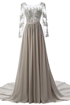 A Line Gray Chiffon Lace Prom Dress With Long Sleeve 2019 Elegant Plus Size Formal Evening Dress Custom Made Party Dresses 