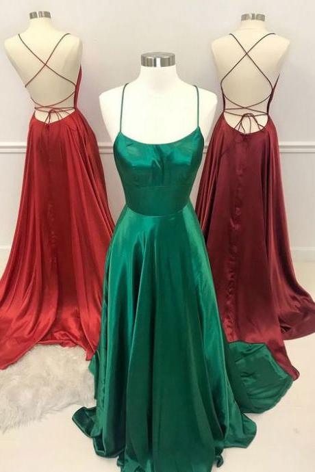 Sexy Bacl Open Green Satin Long Prom Dress A Line Off Shoulder Women Party Gowns , Custom Made Evening Dress 