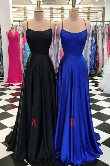 Spaghetti Strap A Line Royal Blue Satin Long Prom Dress ,Custom Made Formal Evening Dress, Prom Gowns Black 