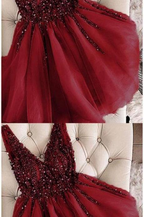 Fashion Burgundy Beaded Short Homecoming Dress Sexy V-neck Prom Gowns Mini Party Dresses