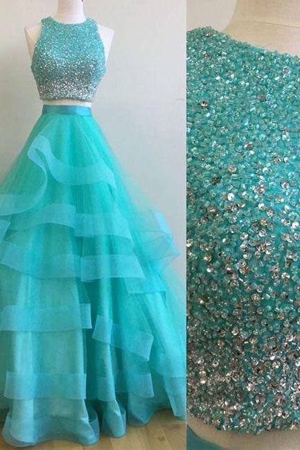 Luxury Green Beaded Two Pieces Long Prom Dress 2019 Strapless Women Party Gowns A Line Girls Pageant Dress 