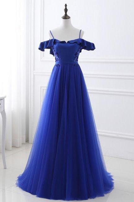 Off Shoulder Royal Blue Tulle Long Prom Dress Custom Made Prom Gowns Plus Size Formal Evening Dress