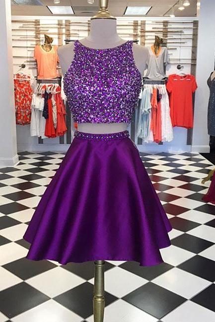 Sparkly Two Pieces Beaded Crystal Satin Short Homecoming Dress, Custom Made Puffy Purple Beaded Short Prom Dress 2 Pieces