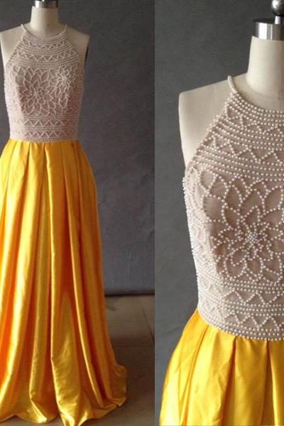 Luxury Beaded Corset Long Prom Dress Yellow Satin Formal Evening Dress A Line Prom Party Gowns 
